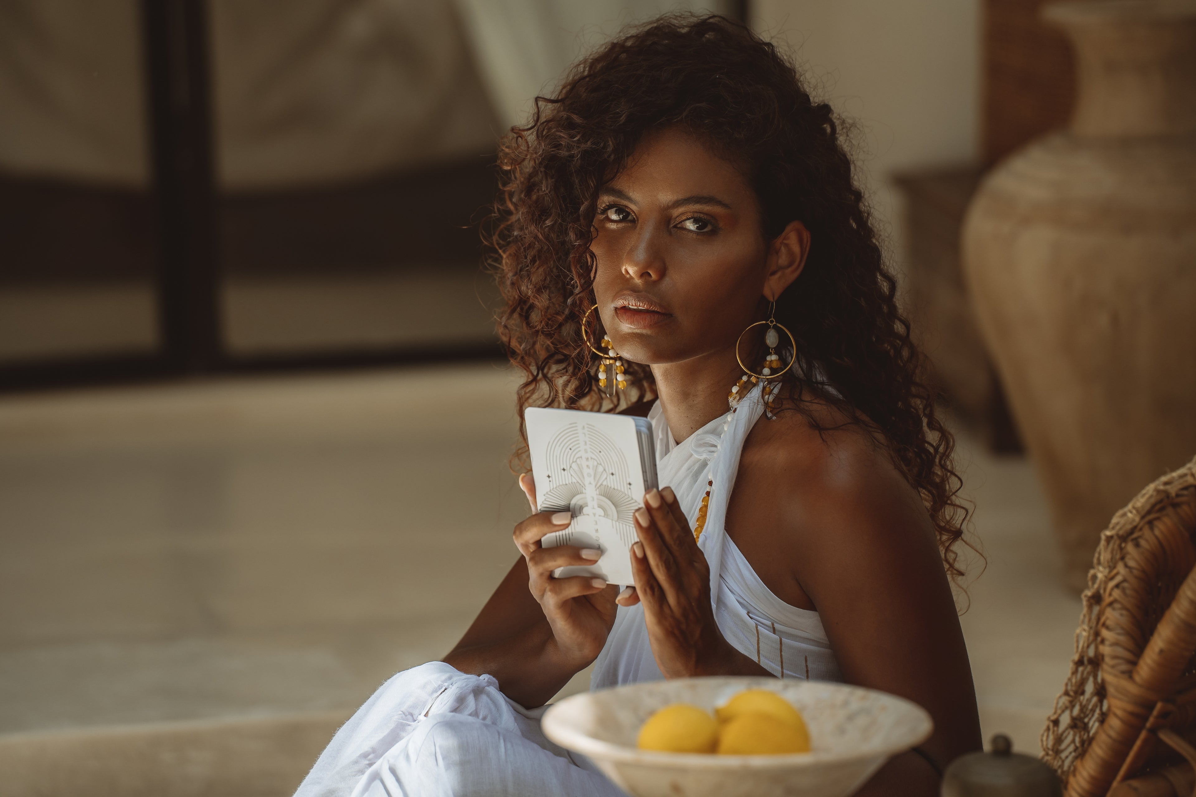 Ring me white and gold with crystal, divine mala necklace &amp; rise sarong, the recreated 45 card deck from unleash your inner wealth