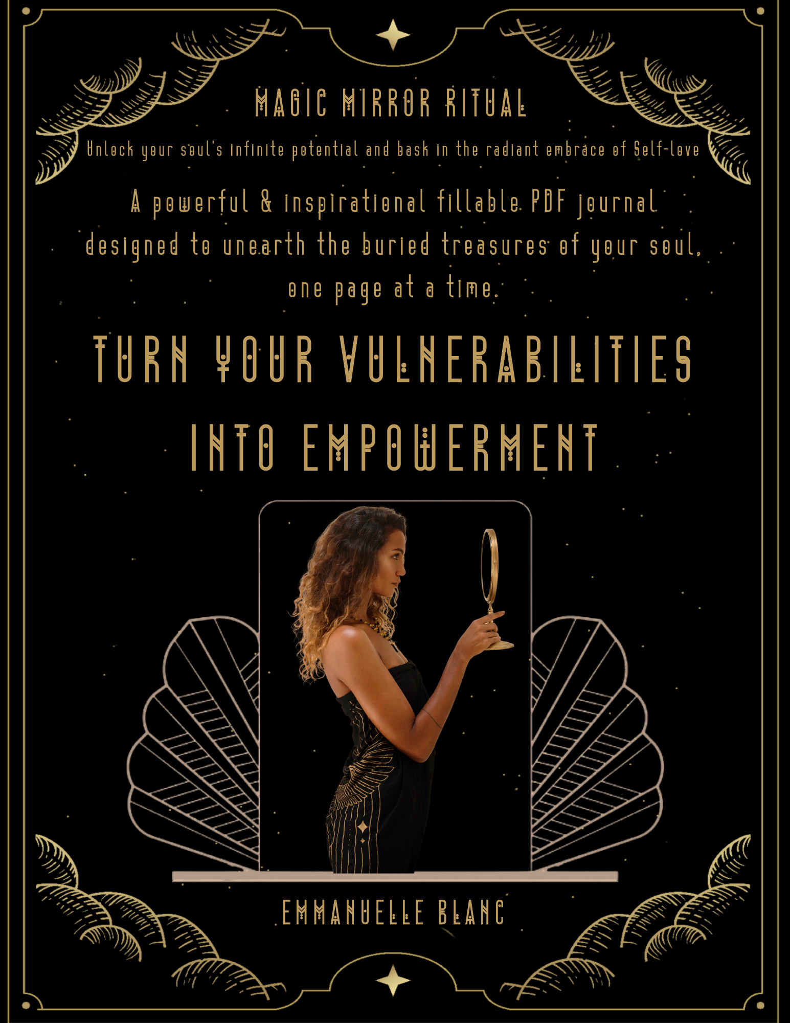 front black and gold cover for Turn your vulnerabilities into empowerment through a powerful &amp; inspirational fillable PDF journal  by emmanuelle Blanc from Unleash your inner wealth