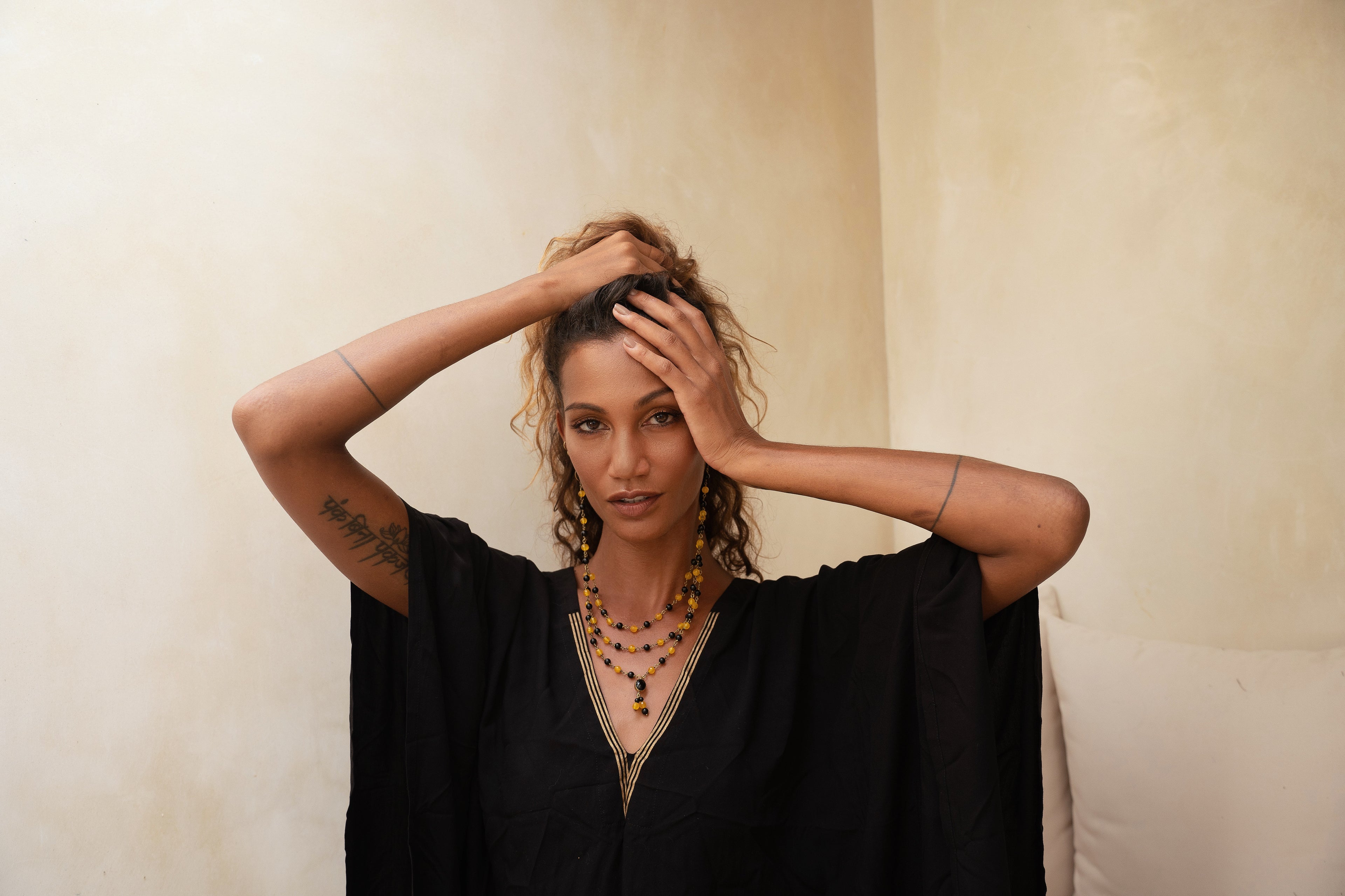 ritual black and gold kaftan with duo glam earring/necklace from unleash your inner wealth