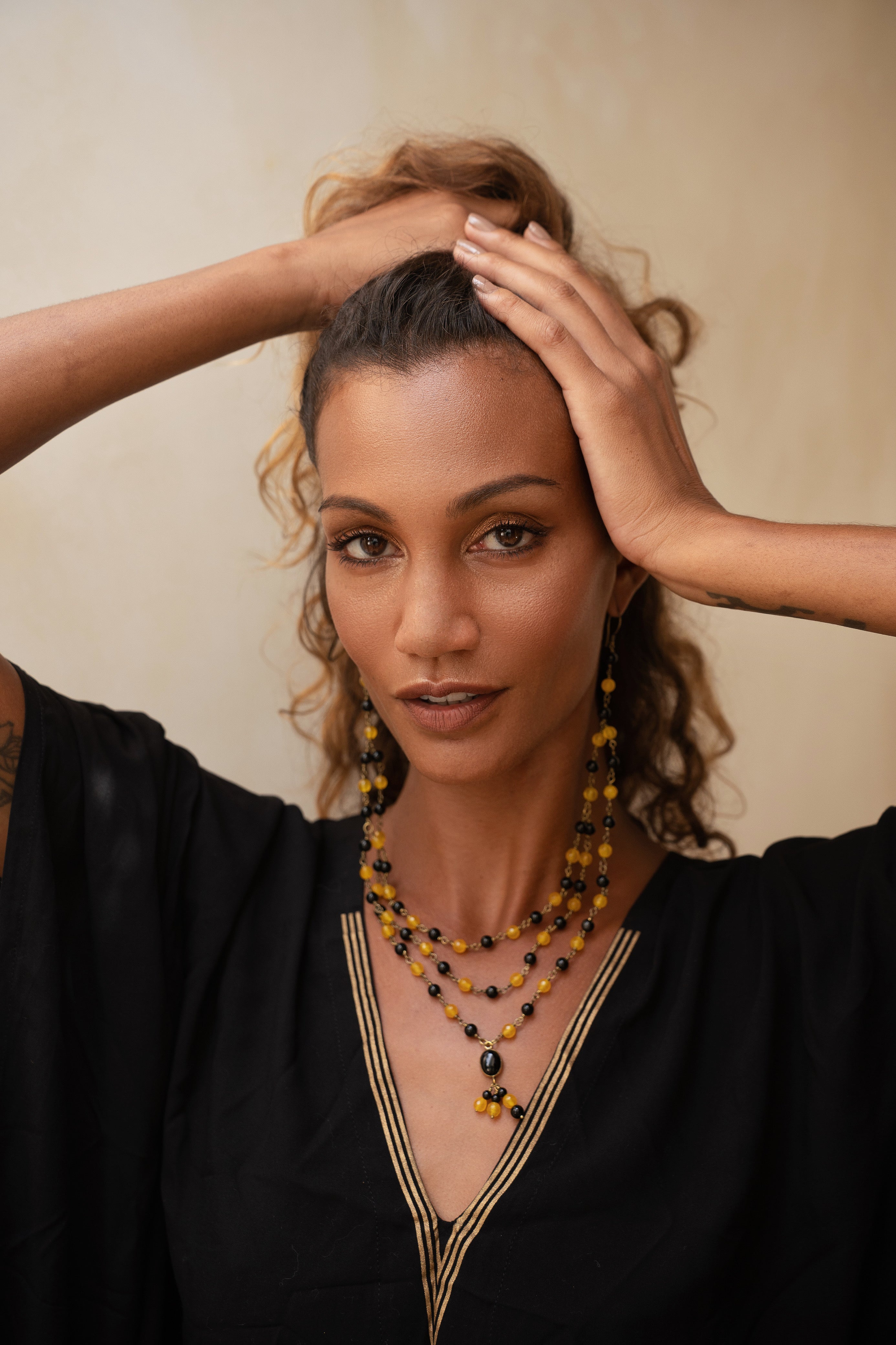 ritual black and gold kaftan with duo glam earring/necklace from unleash your inner wealth