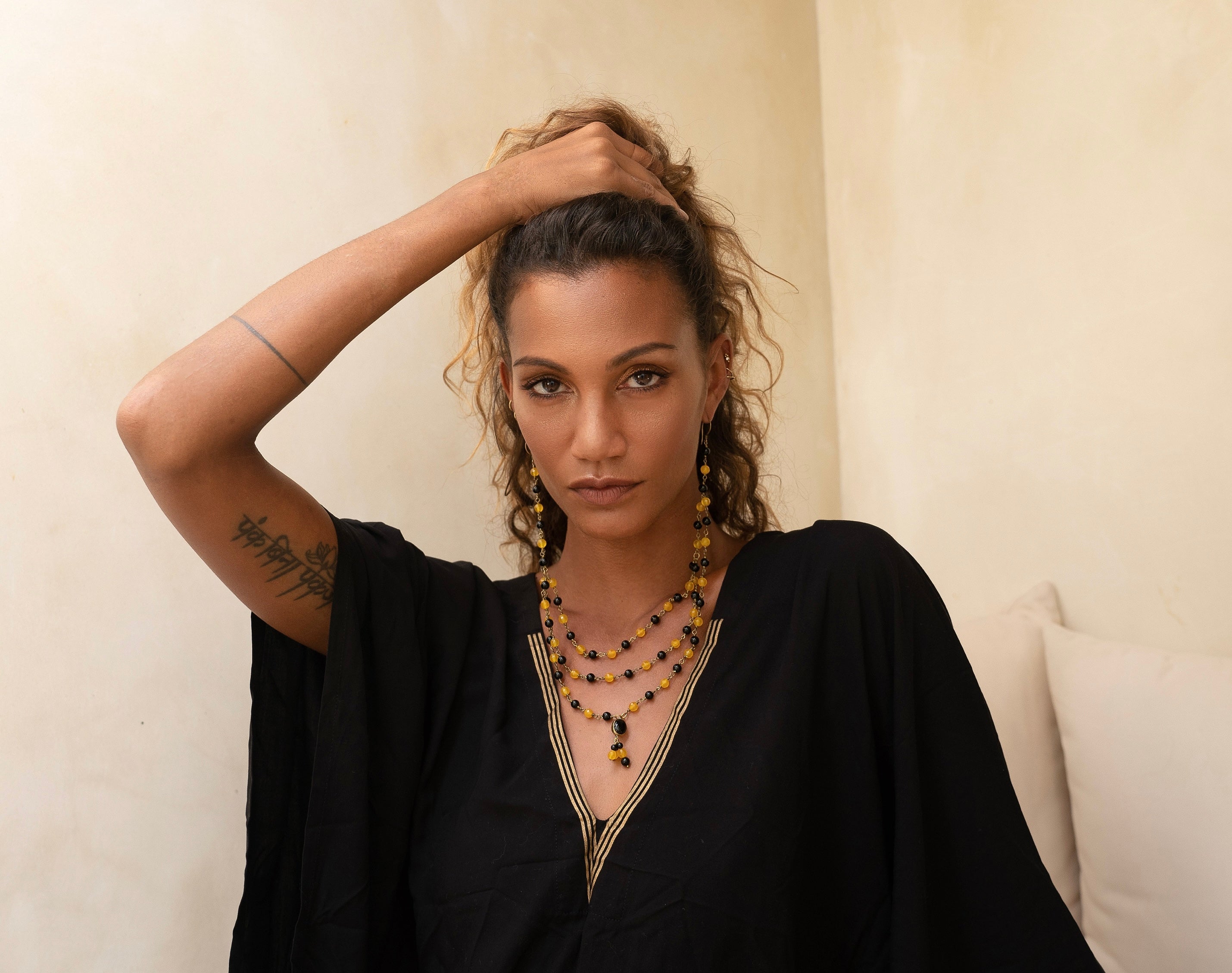 ritual black and gold kaftan with duo glam earring/necklace from unleash your inner wealth