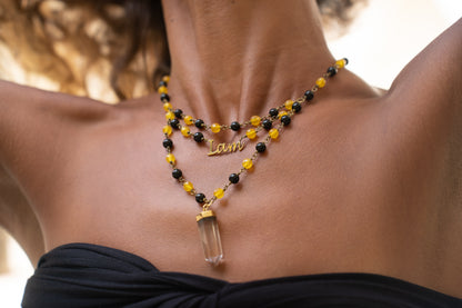 I am necklace with crystals, golden plate words I am, black onyx and yellow agate from Unleash Your Inner Wealth 