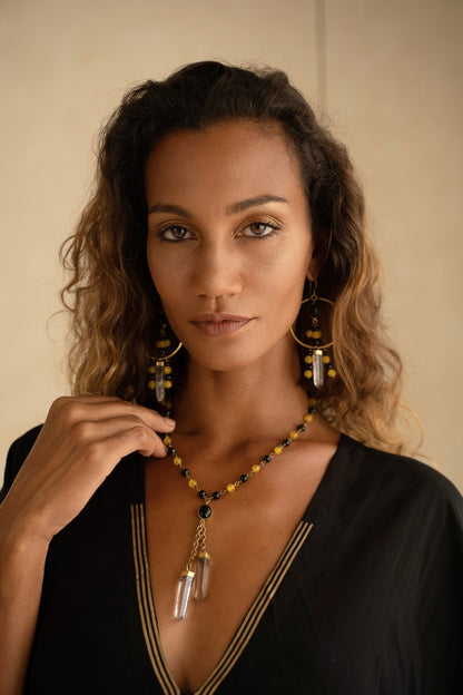 2 crystal necklace with yellow agate &amp; black onyx with a pair of earrings from Unleash your inner wealth