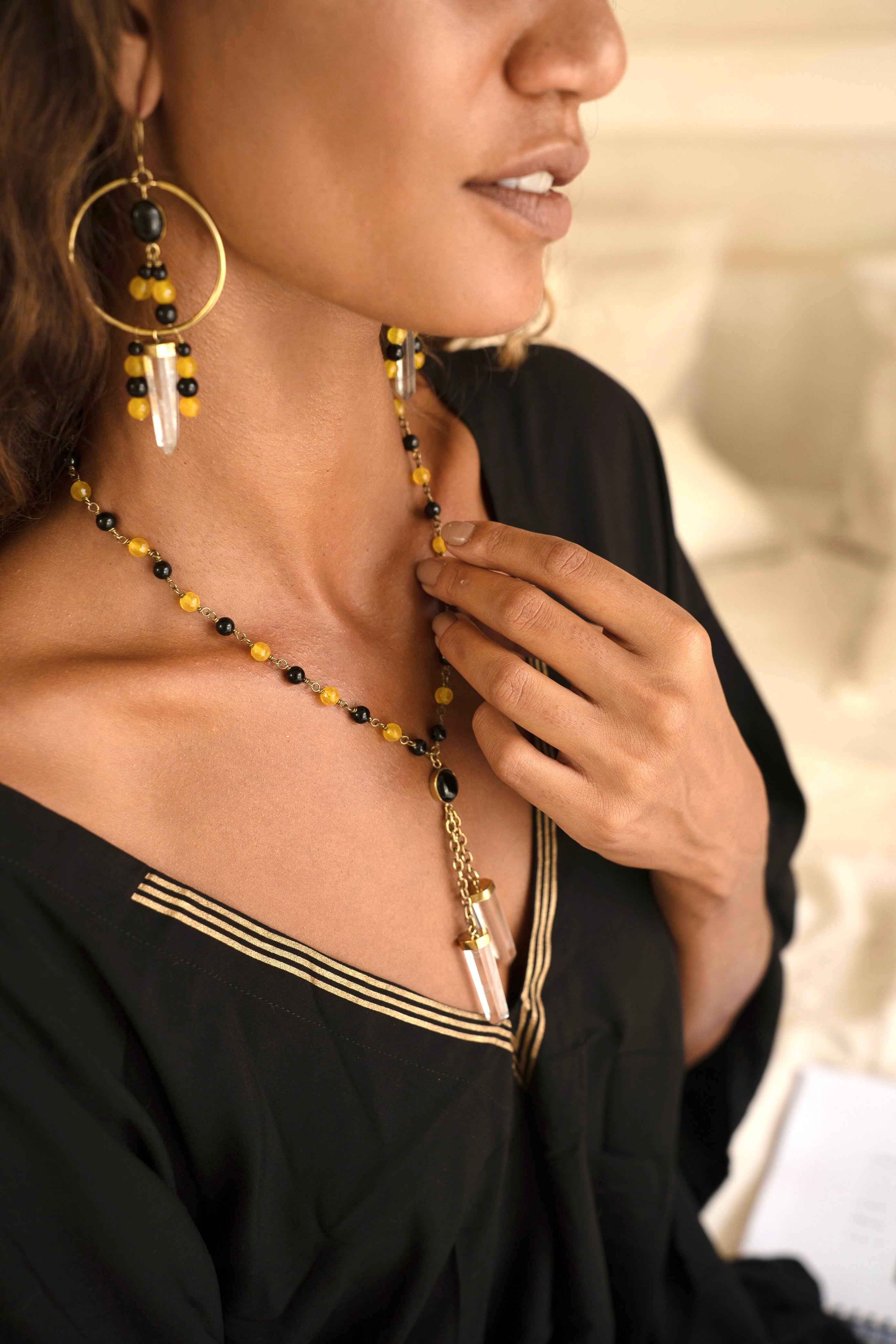 2 crystal necklace with yellow agate &amp; black onyx with pair of earring from Unleash your inner wealth