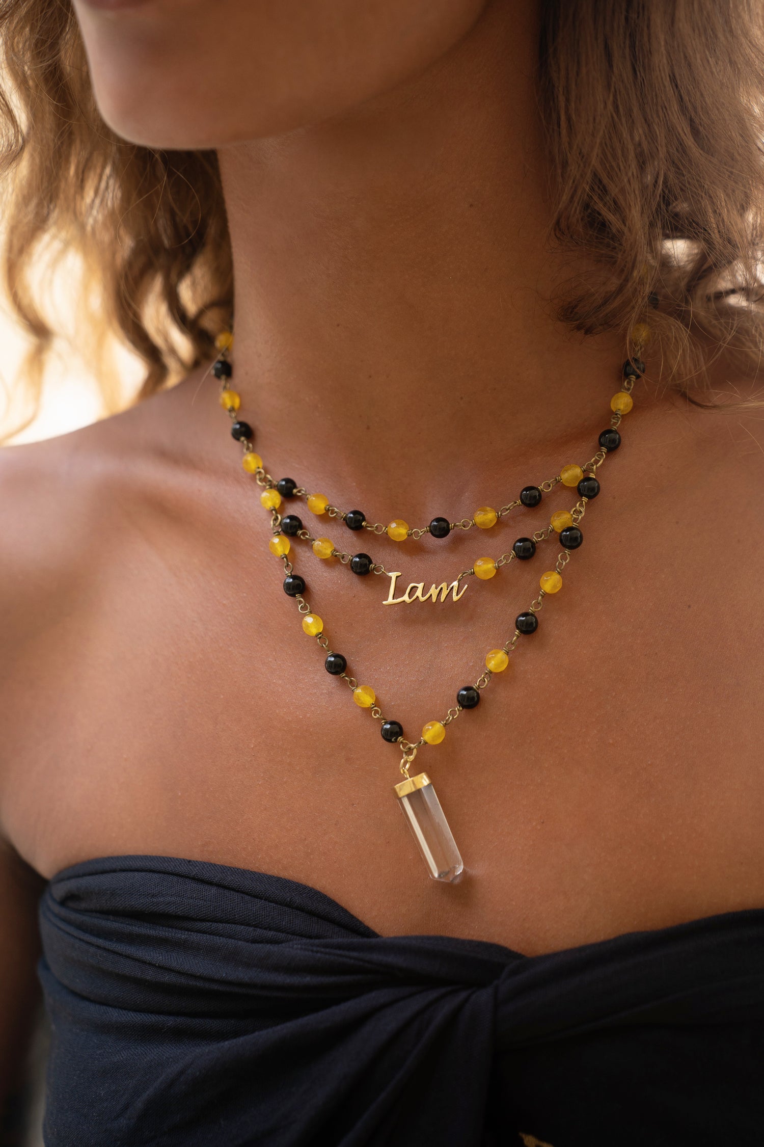 I am necklace with crystals, golden plate words I am, black onyx and yellow agate from Unleash Your Inner Wealth 