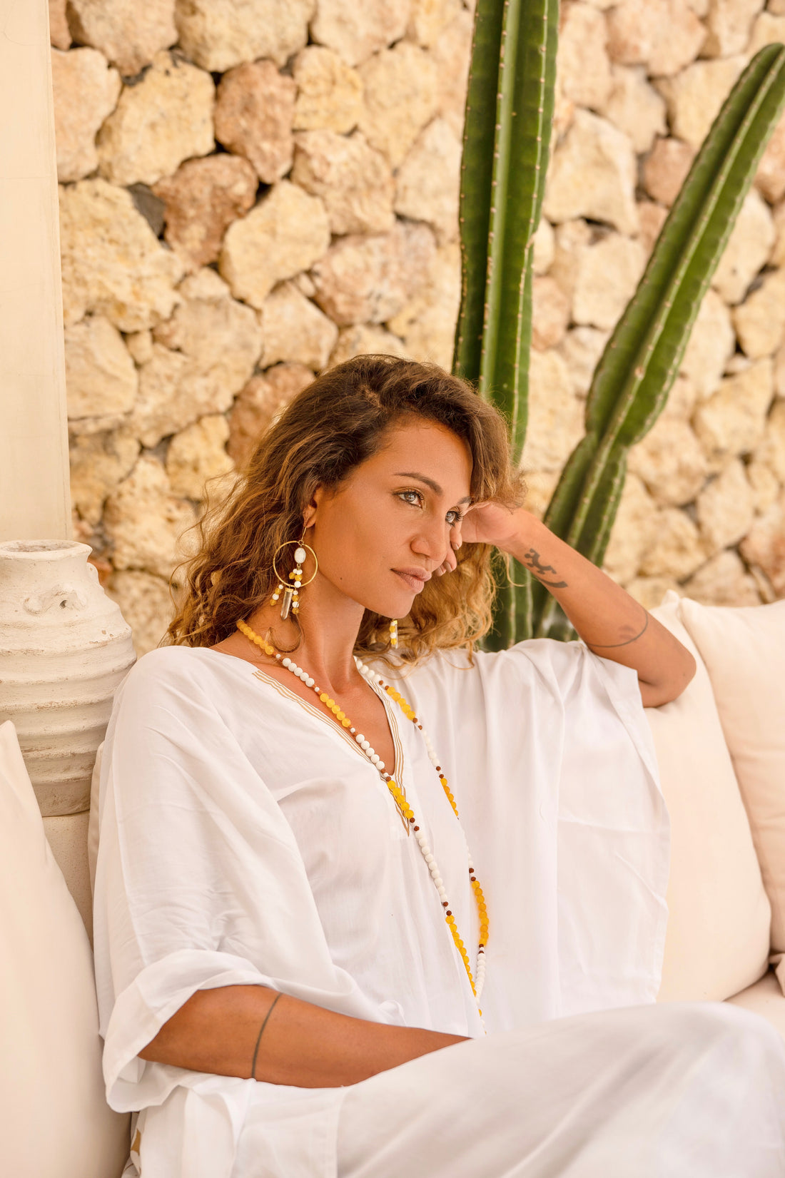white and gold ritual kaftan phoenix rising with divine mala necklace and ring me earrings