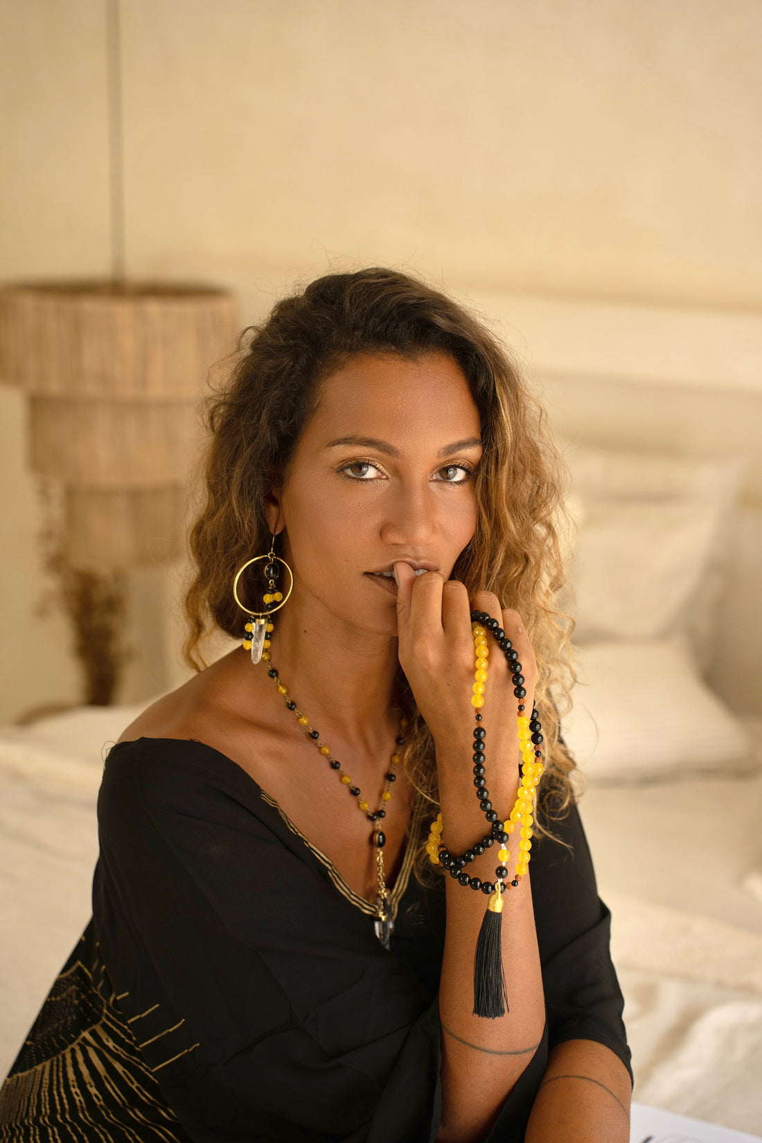 108 mala beads necklace  - ring me earrings - crystal me necklace - kaftan phoenix rising from unleash your inner wealth