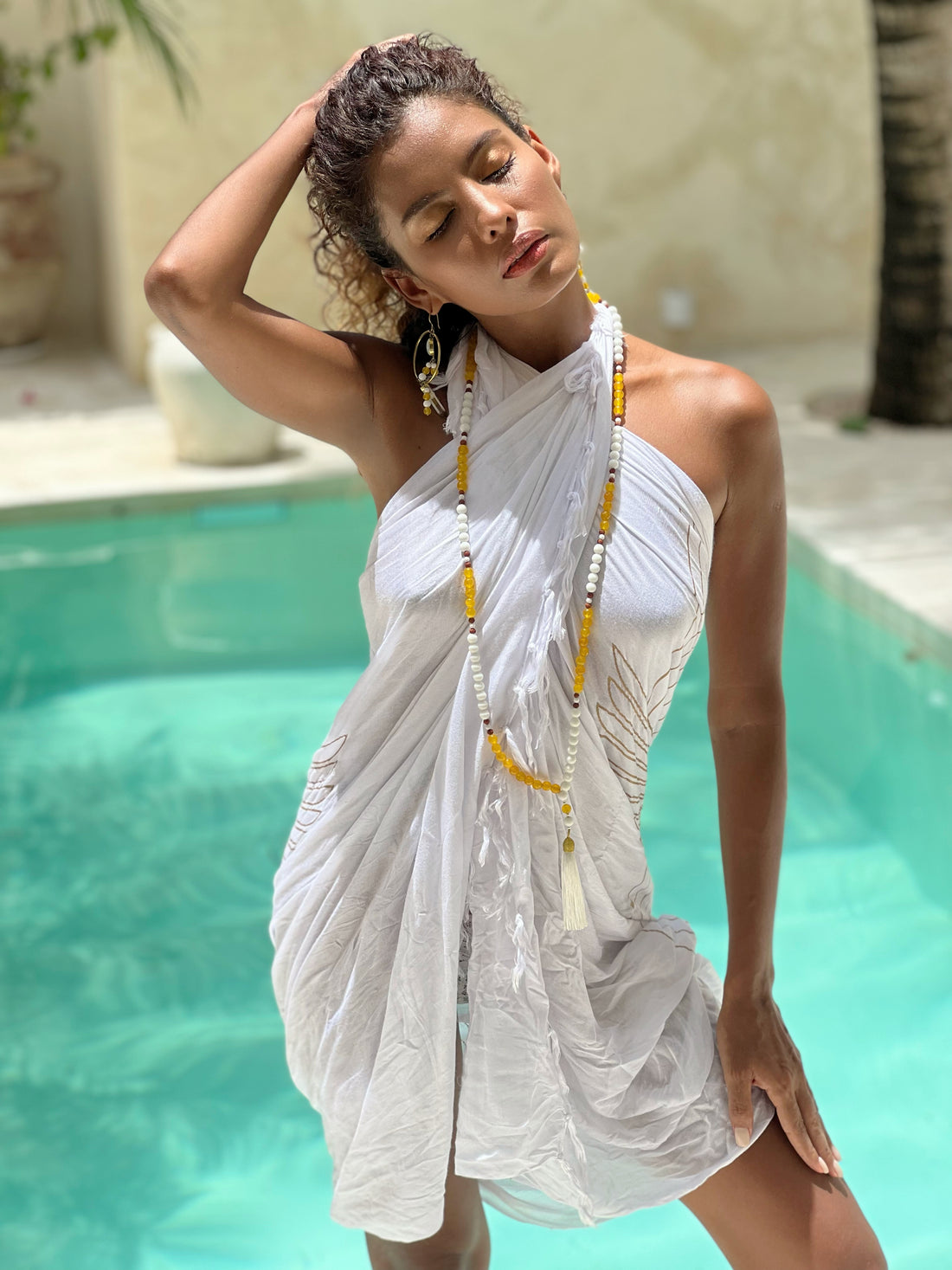 White and Gold Rise sarong cotton scarf or head band with divine mala neads necklace from unleash your inner wealth