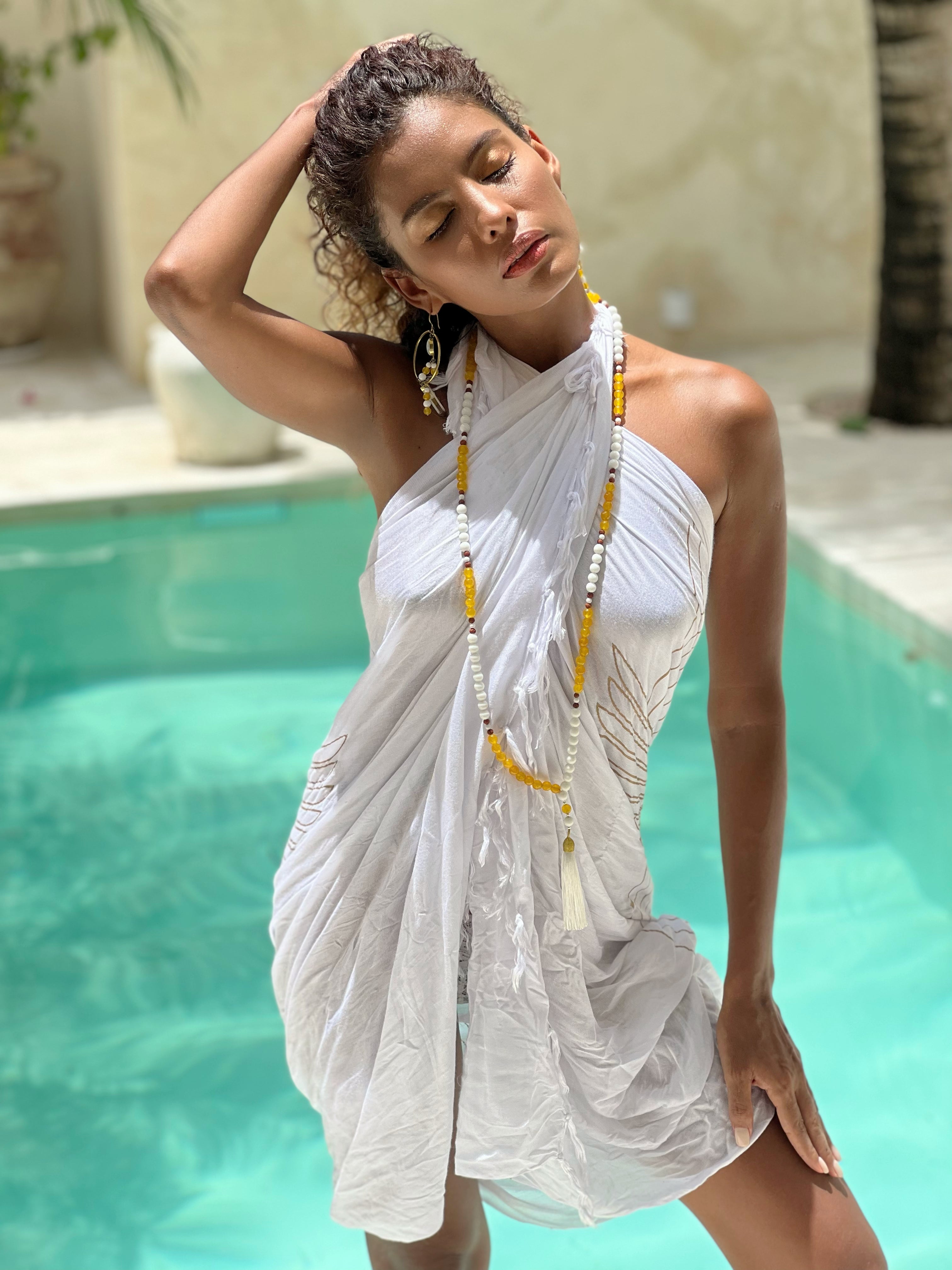 White and Gold Rise sarong cotton scarf or head band with divine mala neads necklace from unleash your inner wealth