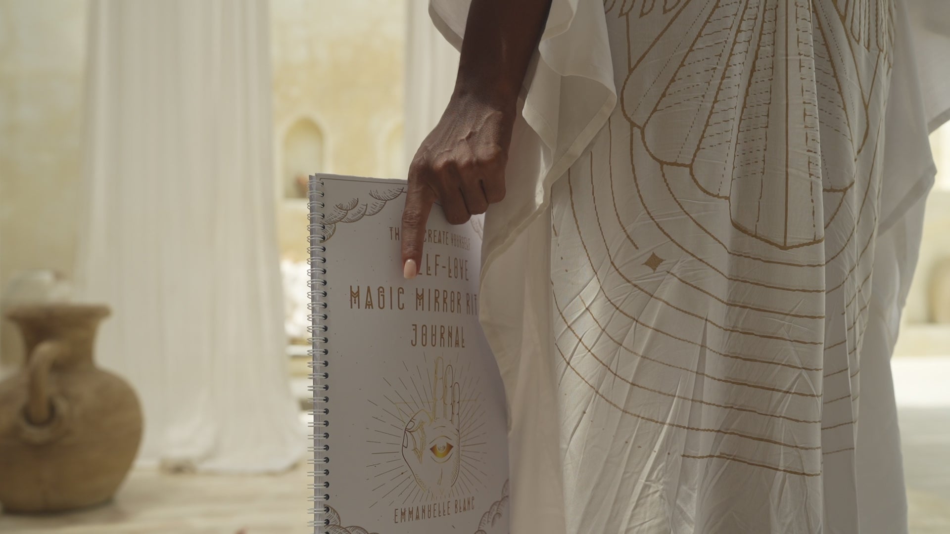 white and gold ritual kaftan phoenix rising with divine mala necklace and ring me earrings